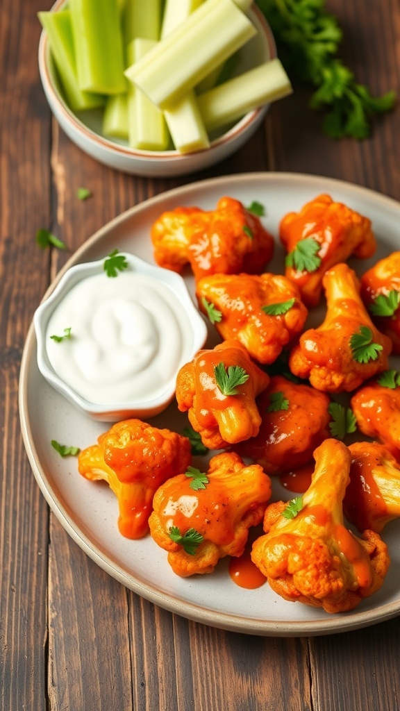 Crispy baked cauliflower wings coated in buffalo sauce, served with ranch dressing and celery sticks.